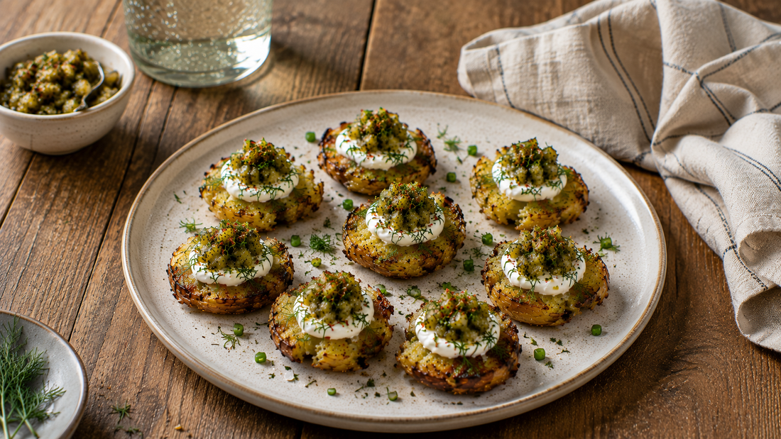 🥒🥔 Pickle Potato Smash Bites with Spicy Garlic Dill