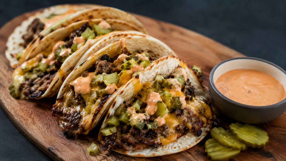 🥒🌮 Smashburger Tacos with Spicy Garlic Dill