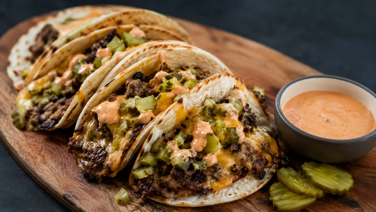 🥒🌮 Smashburger Tacos with Spicy Garlic Dill